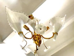 Franco Luce mid-century modern chandelier Murano white Glass Gilt Frame, 1960