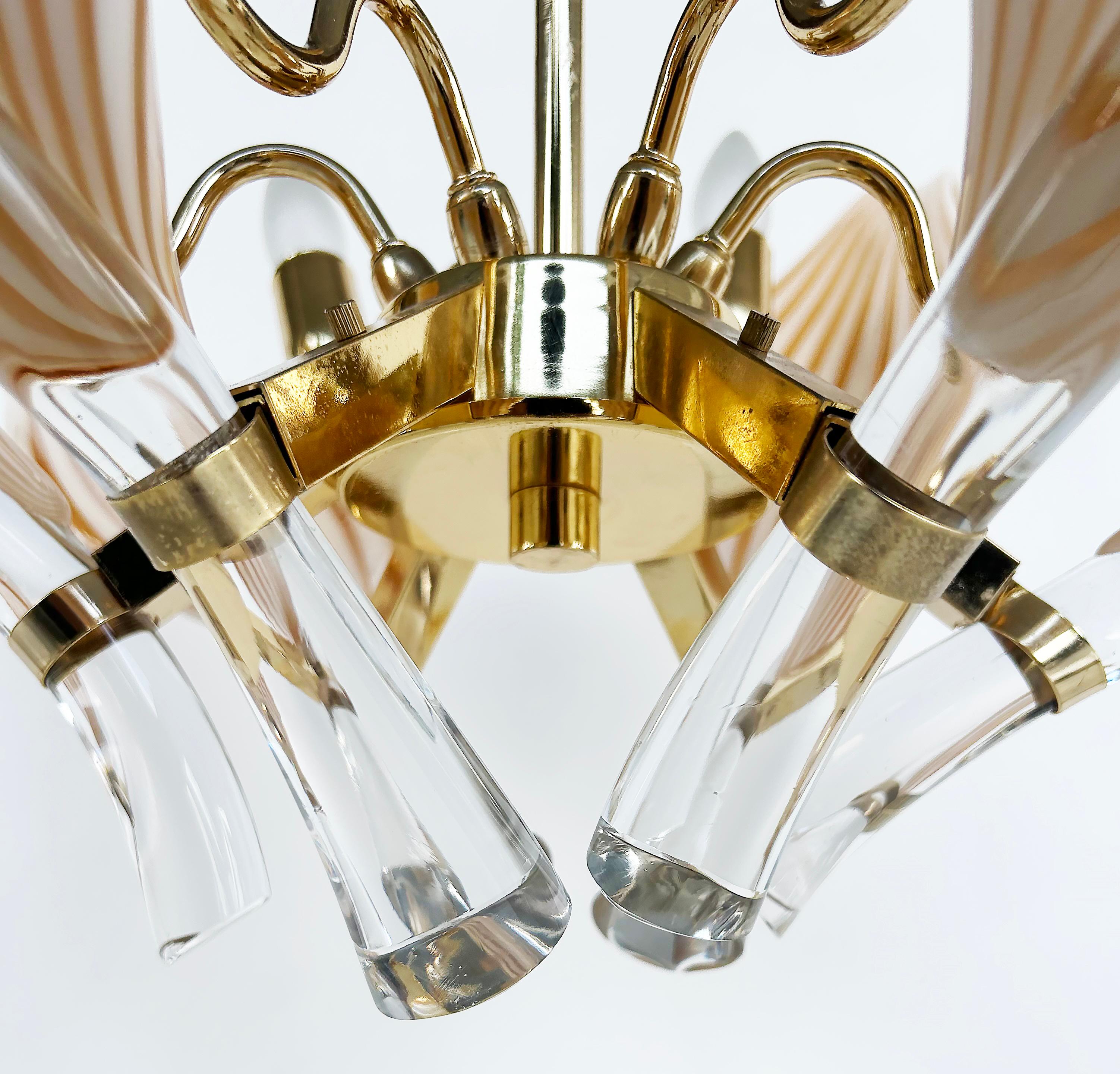 20ième siècle Lustre Seguso en laiton et verre de Murano à 6 lumières, baldaquin et chaîne en vente
