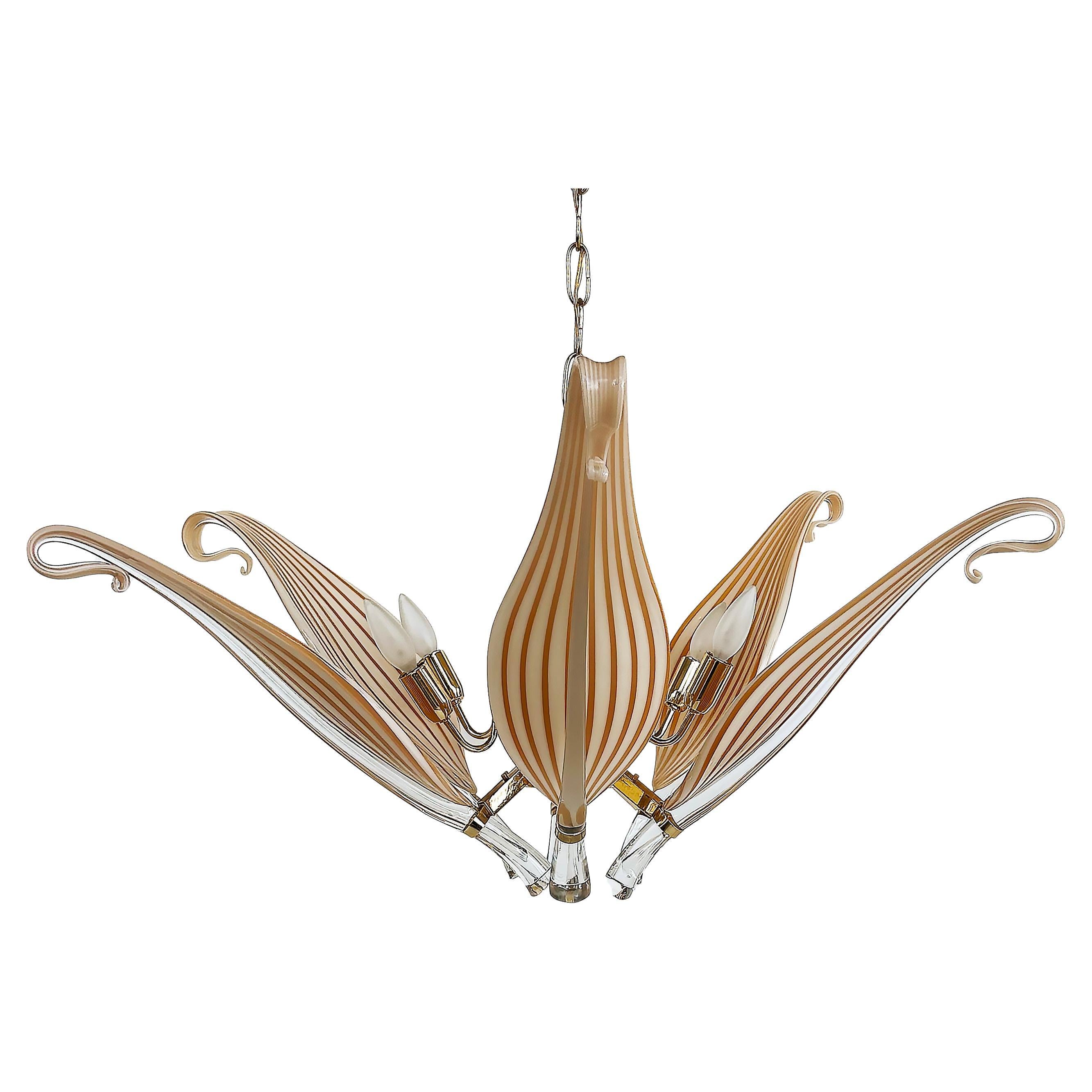 Franco Luce Seguso Brass, Murano Glass 6-Light Chandelier, Canopy and Chain