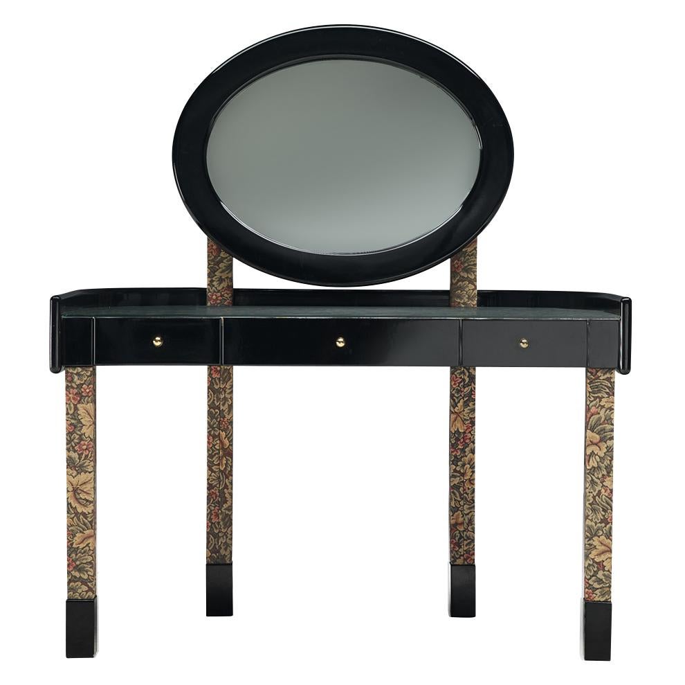 Black lacquered and fabric wrapped vanity or desk with stool by Franco Maria Ricci for SCIC, Italy, circa 1980s.

This rare vanity set was designed by Franco Maria Ricci for SCIC in the 1980s. This Italian piece consist of a small desk with three