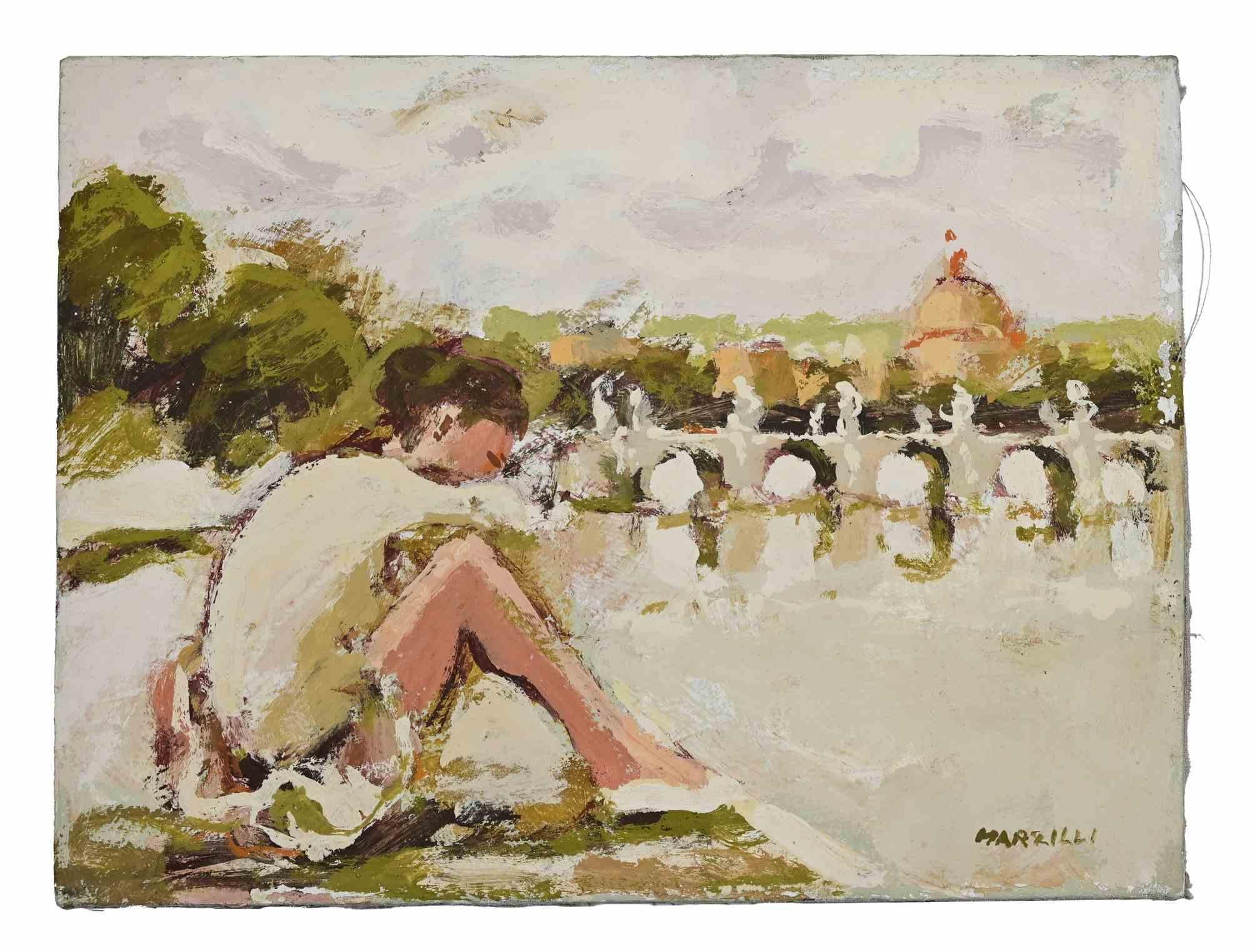 Ballerina in front of a Bridge in Rome - Oil Painting by Franco Marzilli - 1970s For Sale 1
