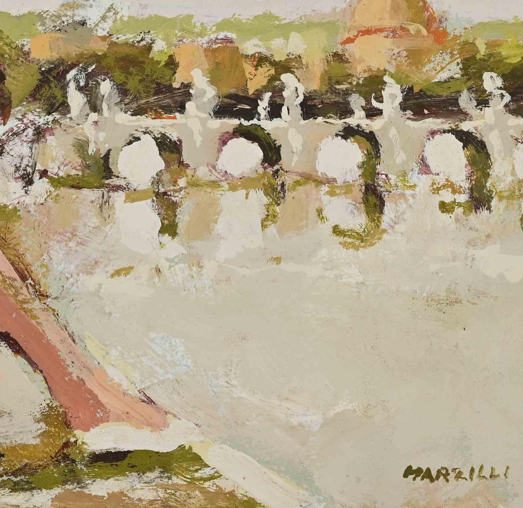 Ballerina in front of a Bridge in Rome - Oil Painting by Franco Marzilli - 1970s For Sale 2