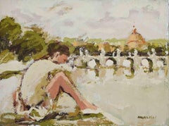 Ballerina in front of a Bridge in Rome - Oil Painting by Franco Marzilli - 1970s