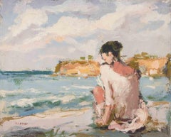 Ballerina in Front of the Sea - Oil Painting by Franco Marzilli - 1970s