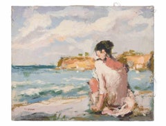 Ballerine devant la mer - Peinture à l'huile de Franco Marzilli - années 1970
