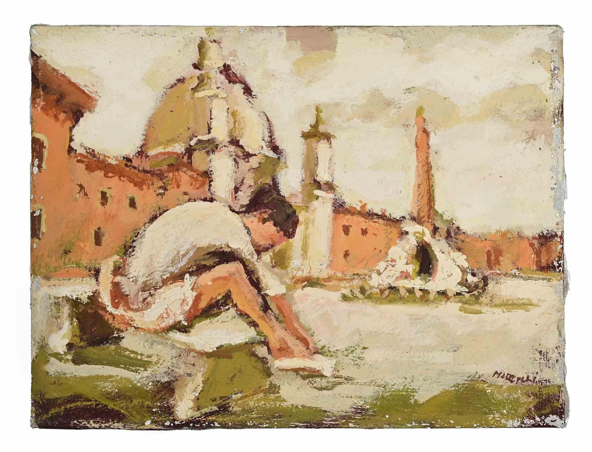 Bailarina en la Plaza Navona - Pintura al óleo de Franco Marzilli - Años 70 en venta 1