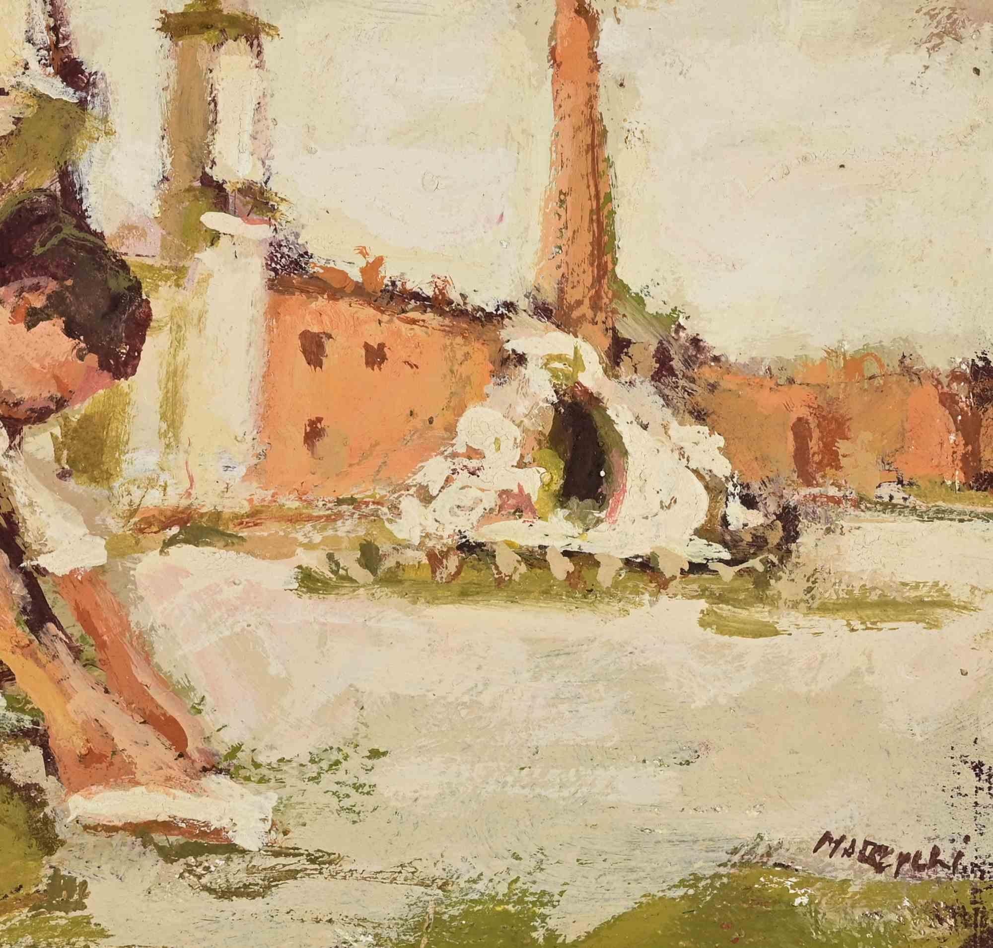 Bailarina en la Plaza Navona - Pintura al óleo de Franco Marzilli - Años 70 en venta 2