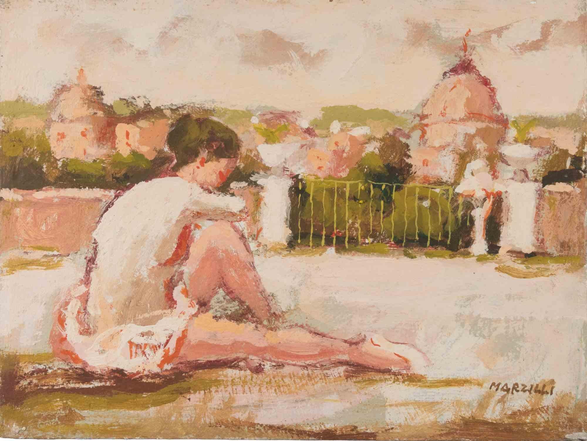 Ballerina in Rome - Oil Painting by Franco Marzilli - 1970s For Sale 1