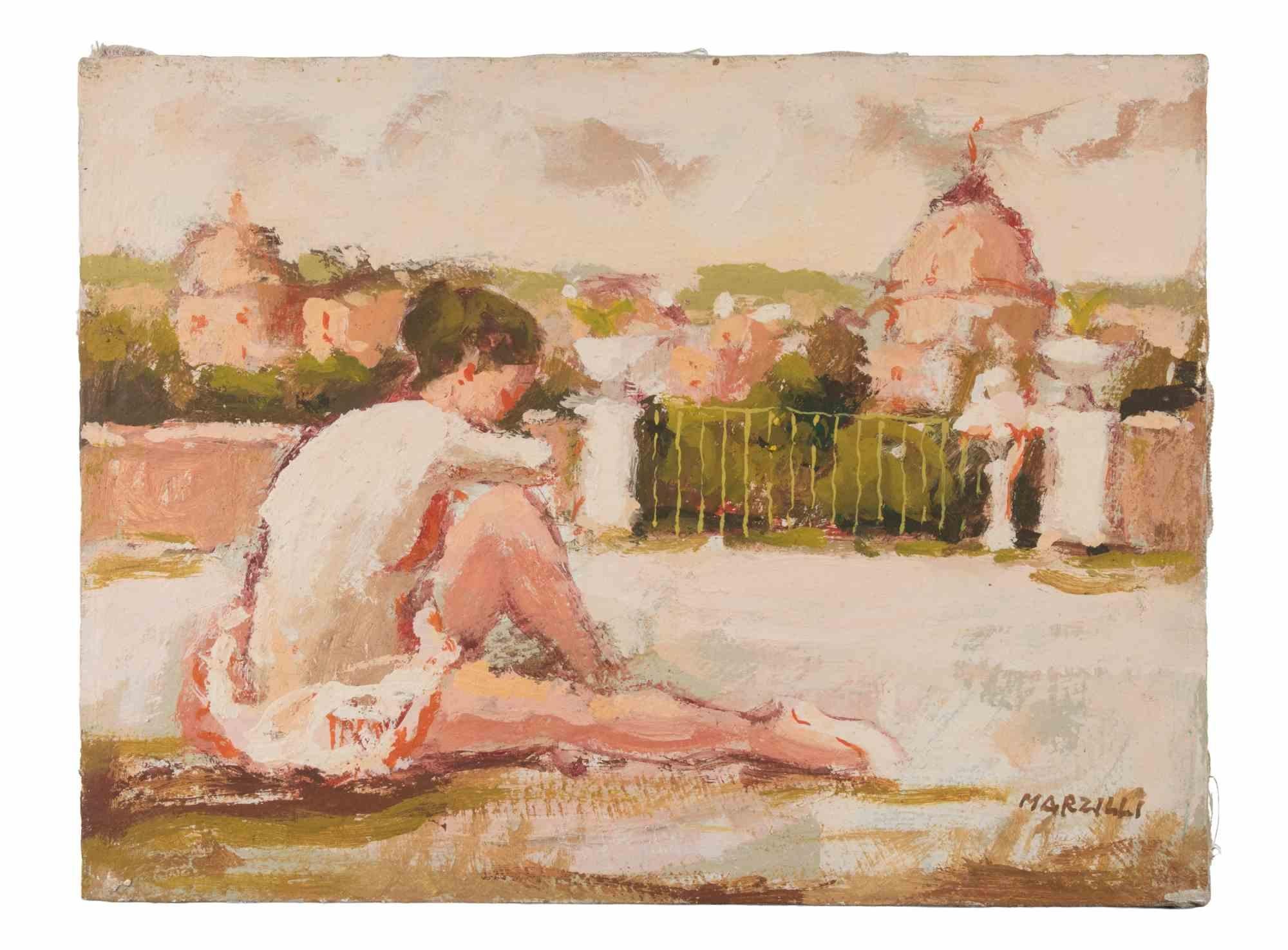 Oil on canvas realized by Franco Marzilli (1934-2010) in 1970s.

Hand signed lower right.

Very good condition.

Franco Marzilli was born in Rome in 1934. He received his first artistic training by attending the Preparatory School for Ornamental