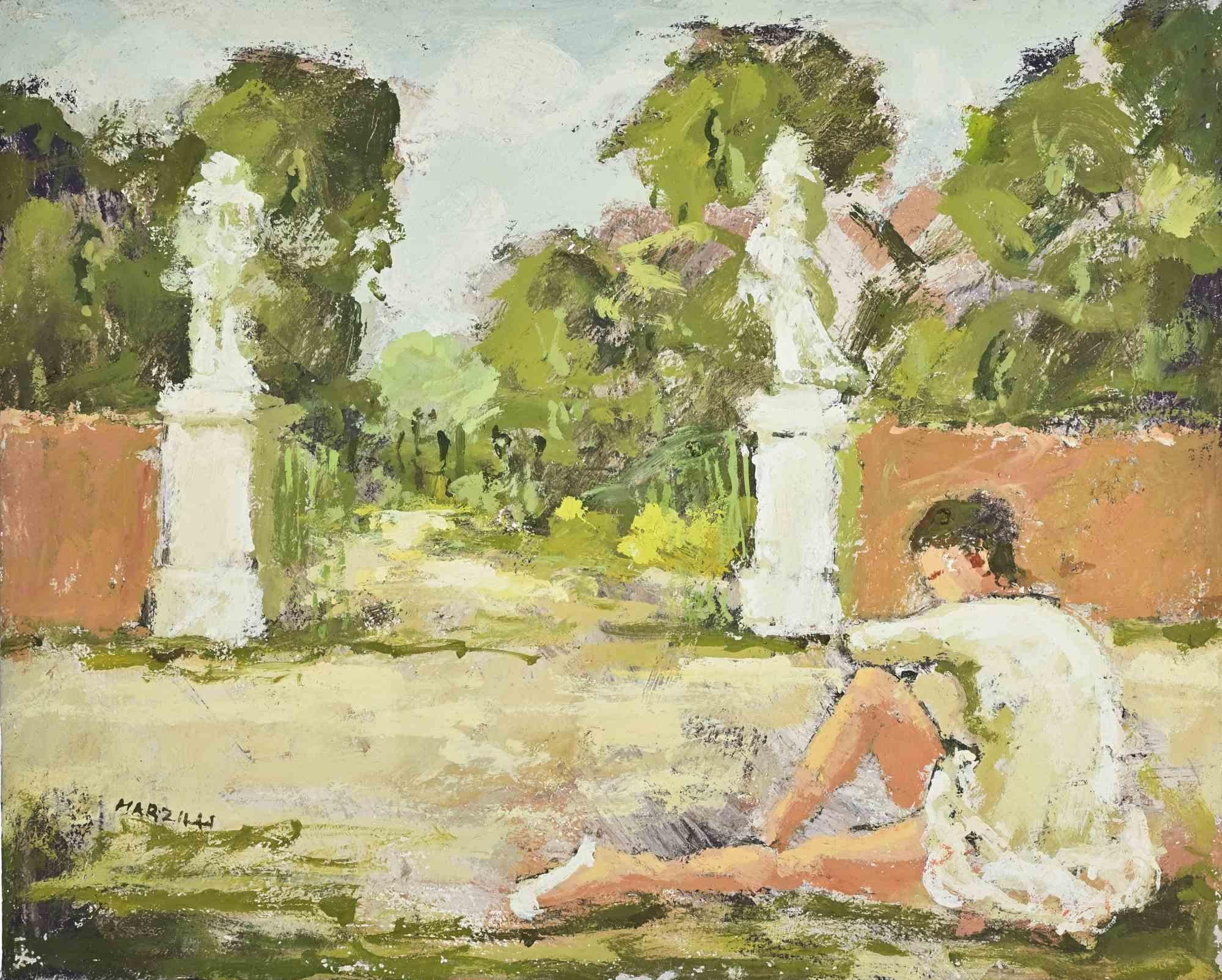 Ballerina in the Park - Oil Painting by Franco Marzilli - 1970s For Sale 1