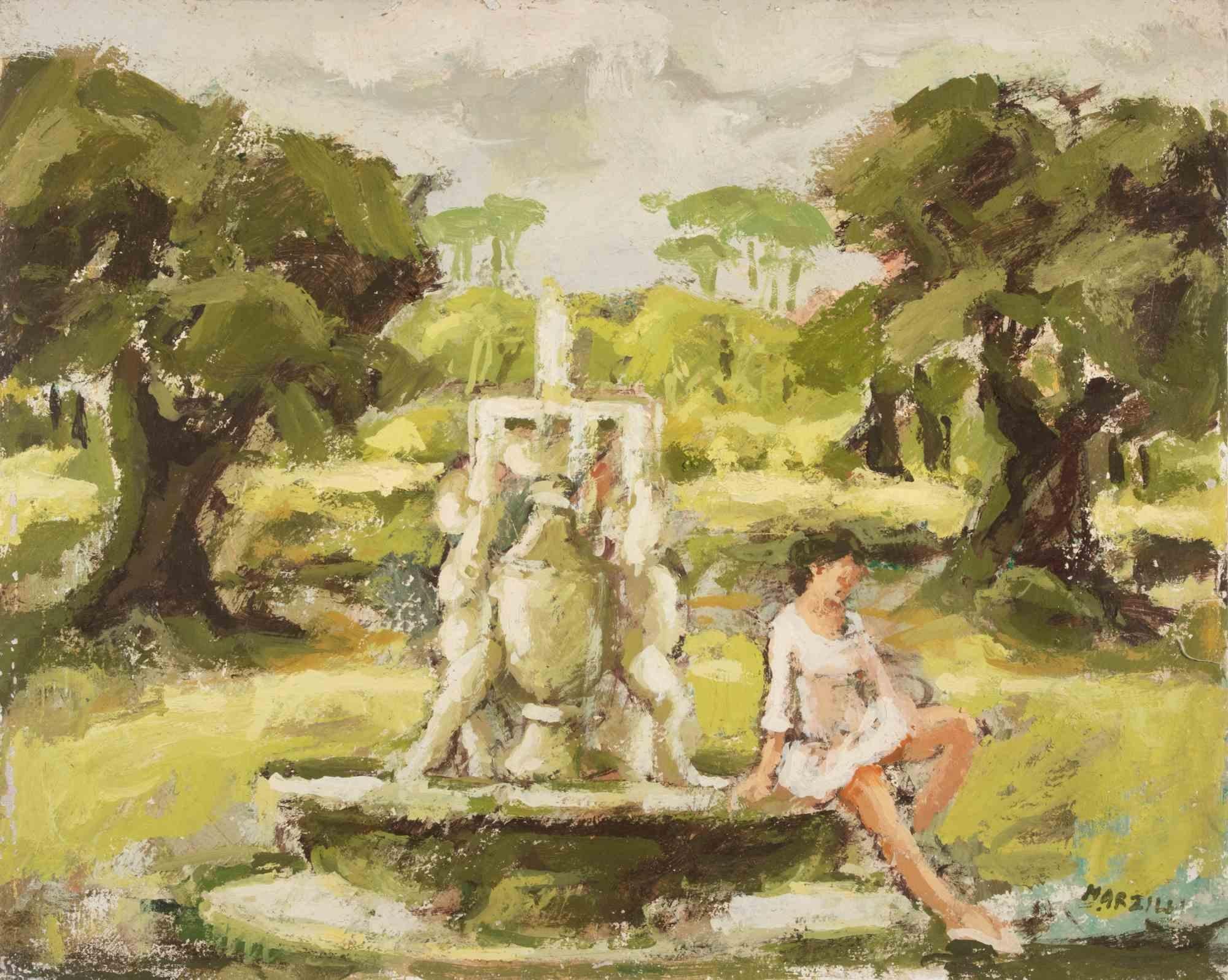 Ballerine  dans le parc - Peinture à l'huile de Franco Marzilli - années 1970 en vente 1