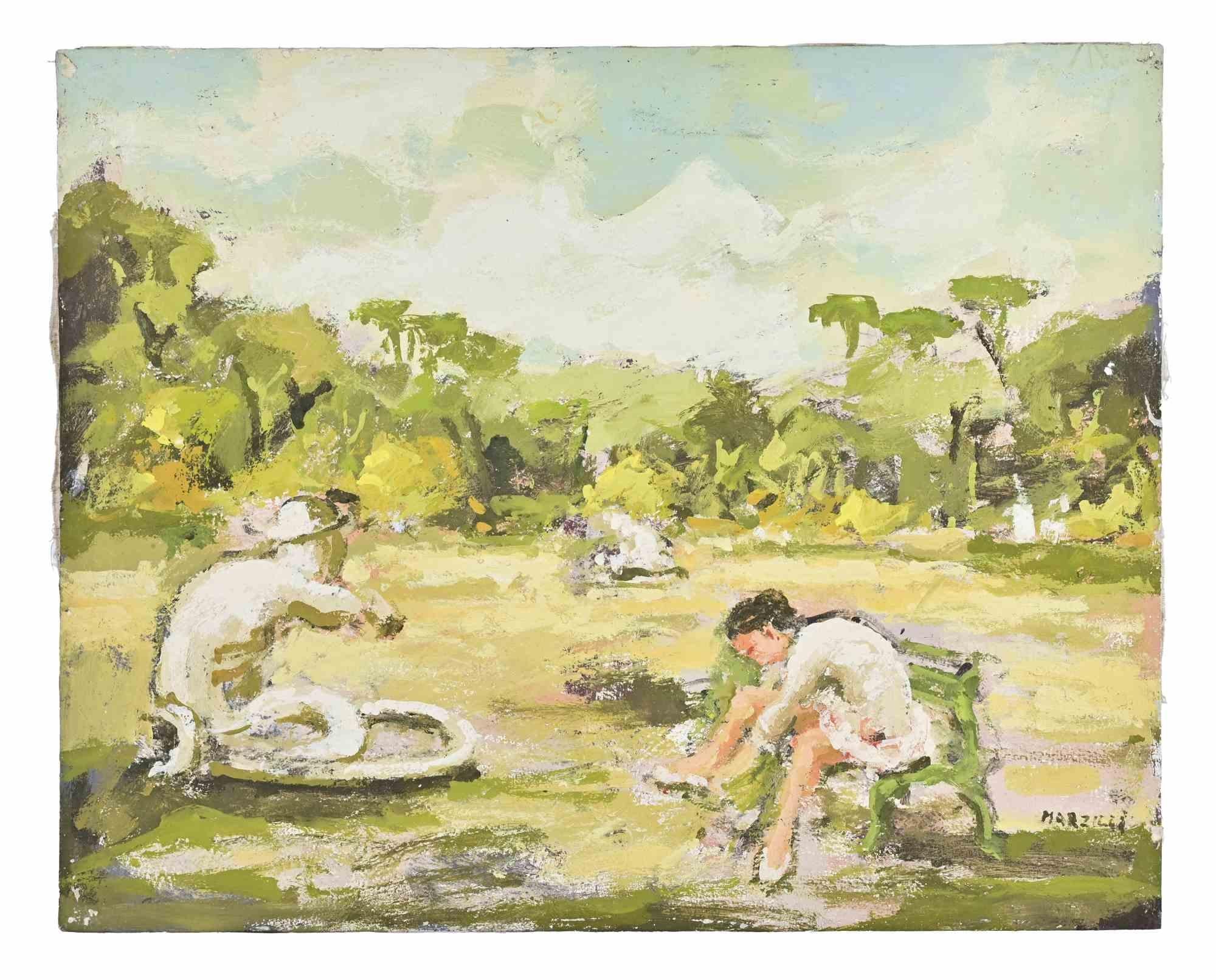 Ballerine  dans le parc - Peinture à l'huile de Franco Marzilli - années 1970 en vente 1