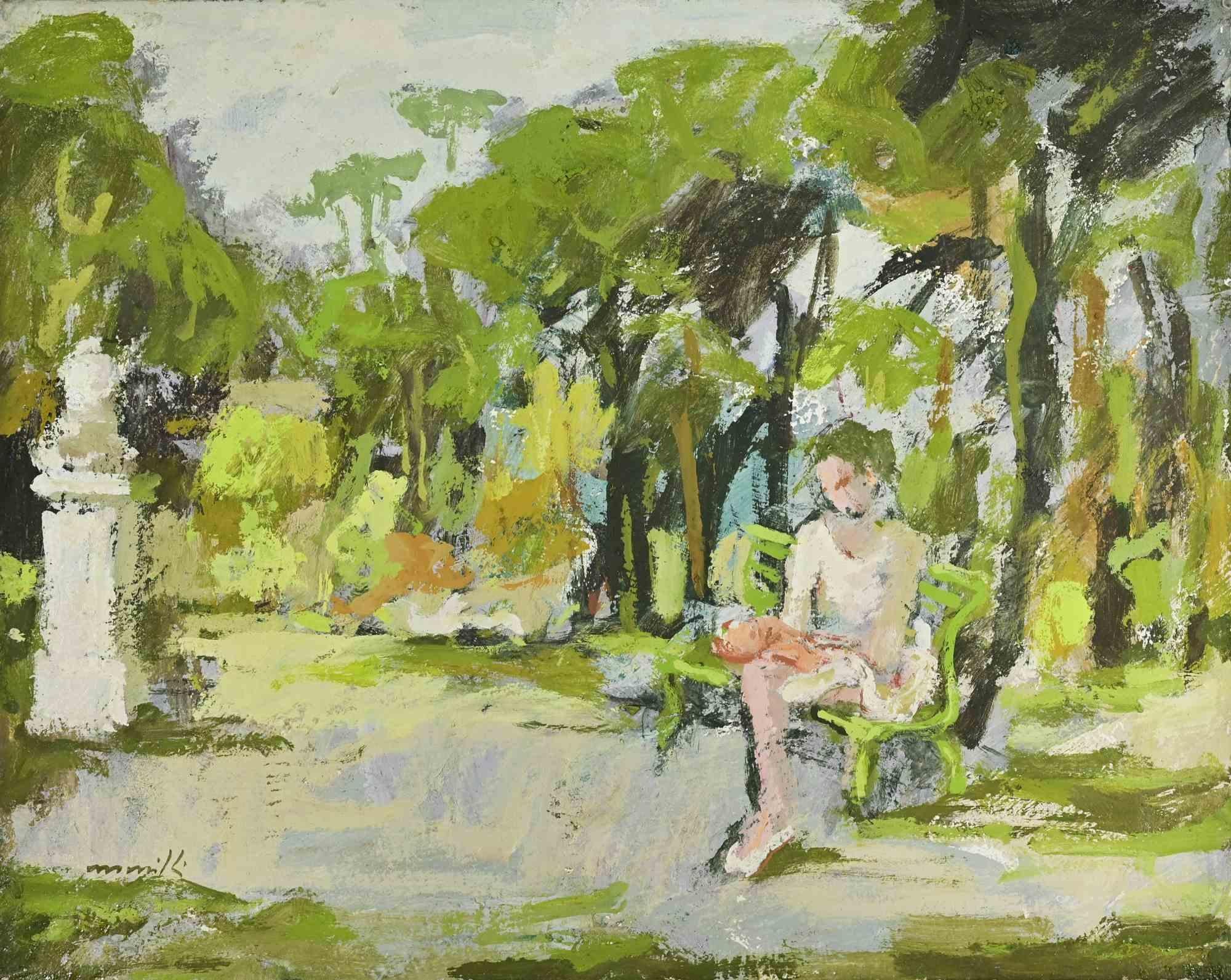 Ballerina  in the Park - Oil Painting by Franco Marzilli - 1970s For Sale 1