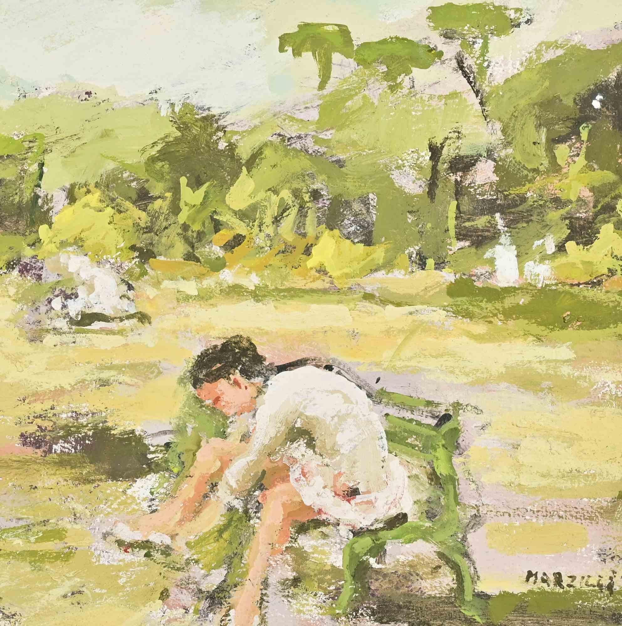 Ballerine  dans le parc - Peinture à l'huile de Franco Marzilli - années 1970 en vente 2