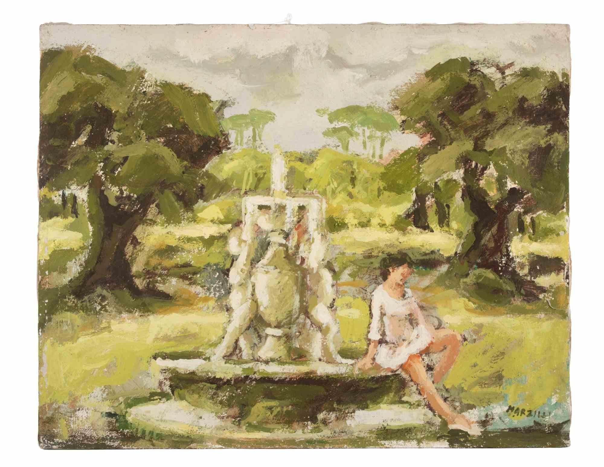Huile sur toile réalisée par Franco Marzilli (1934-2010) dans les années 1970.

Main signée en bas à droite.

Très bon état.

Franco Marzilli est né à Rome en 1934. Il a reçu sa première formation artistique en fréquentant l'École préparatoire aux