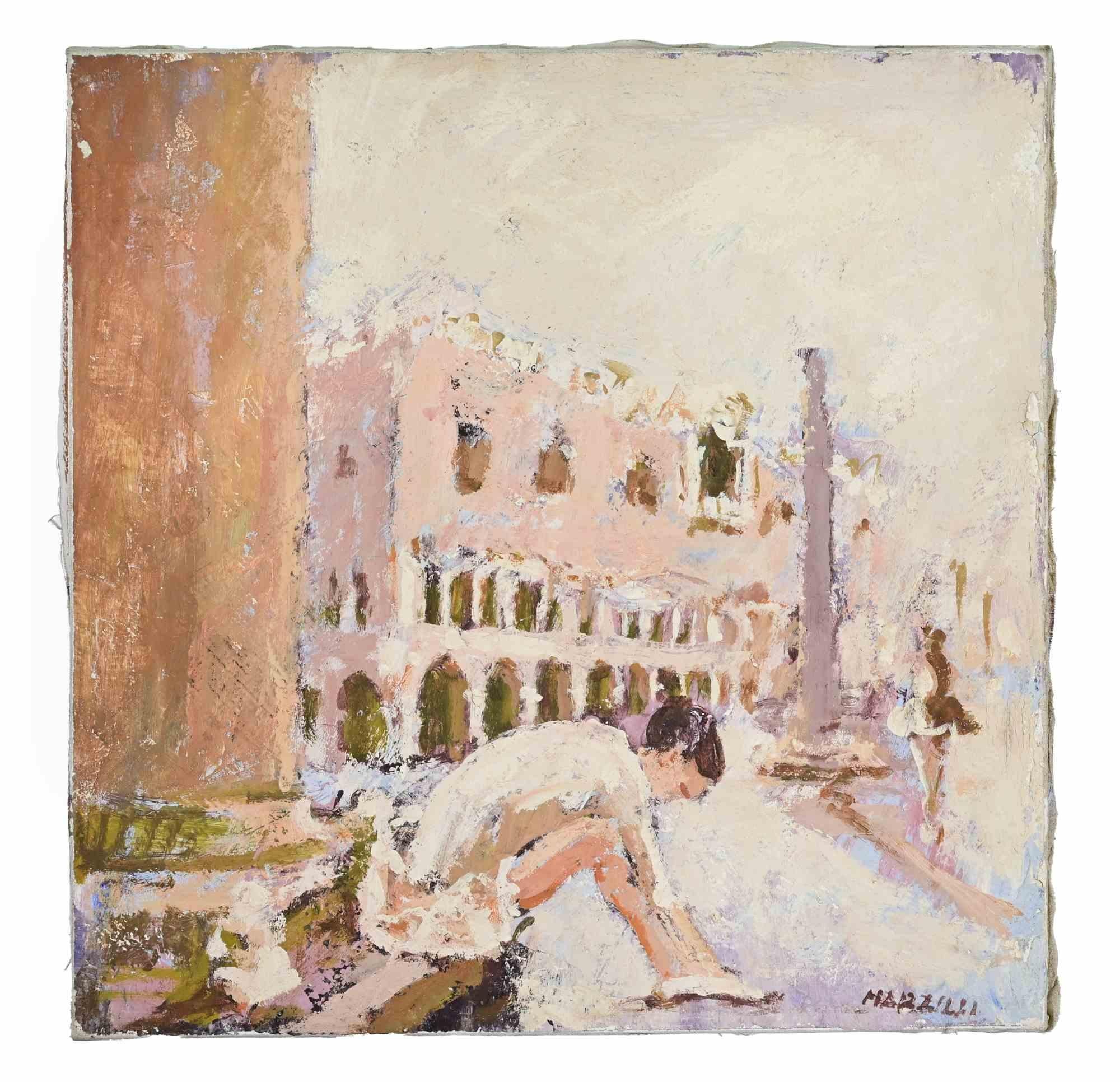 Ballerina in Venedig - Ölgemälde von Franco Marzilli - 1970er im Angebot 1