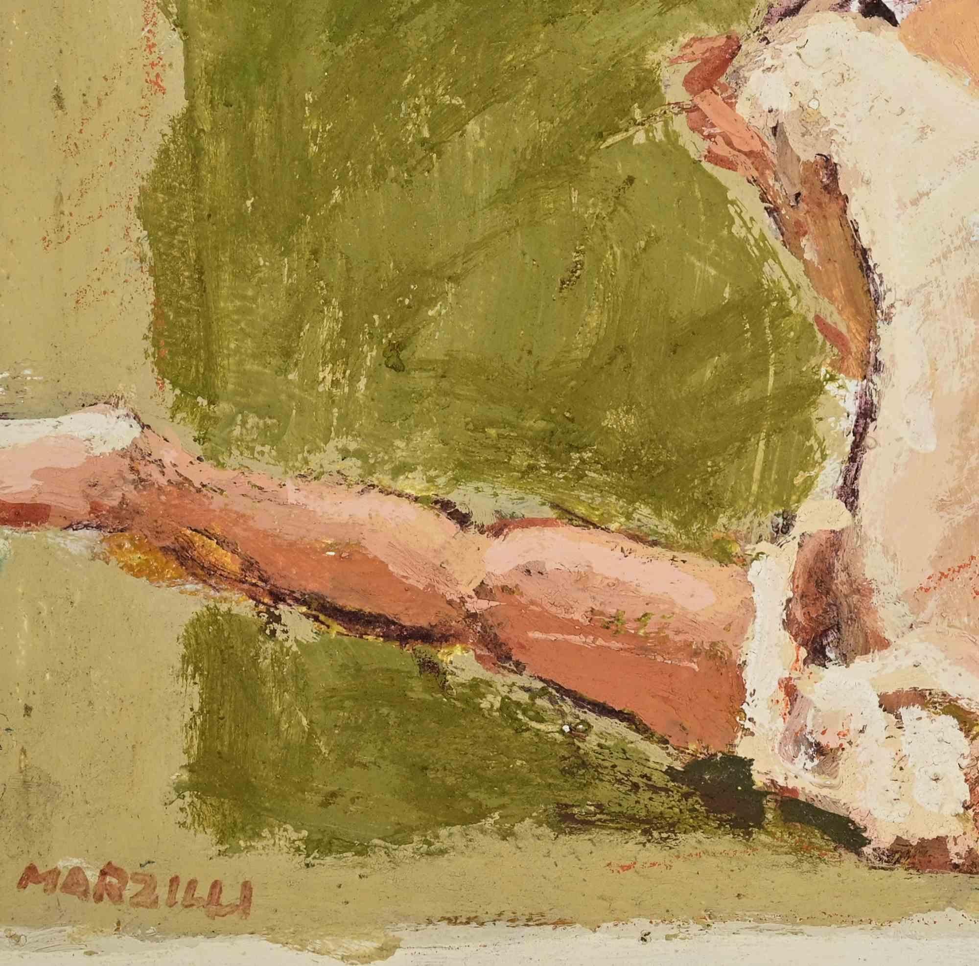Bailarina sobre fondo verde - Pintura al óleo de Franco Marzilli - Años 70 en venta 2