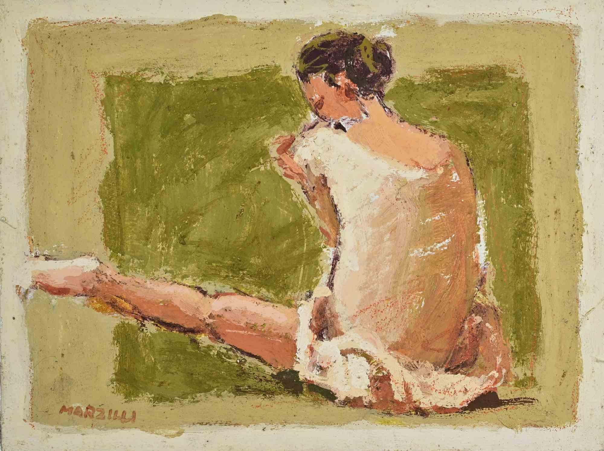 Óleo sobre lienzo realizado por Franco Marzilli (1934-2010) en la década de 1970.

Firmado a mano abajo a la derecha.

Muy buen estado.

Franco Marzilli nació en Roma en 1934. Recibió su primera formación artística asistiendo a la Escuela