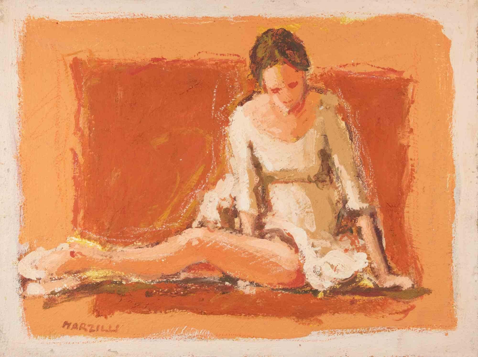 Ballerina on a Red Background - Oil Painting by Franco Marzilli - 1970s For Sale 1