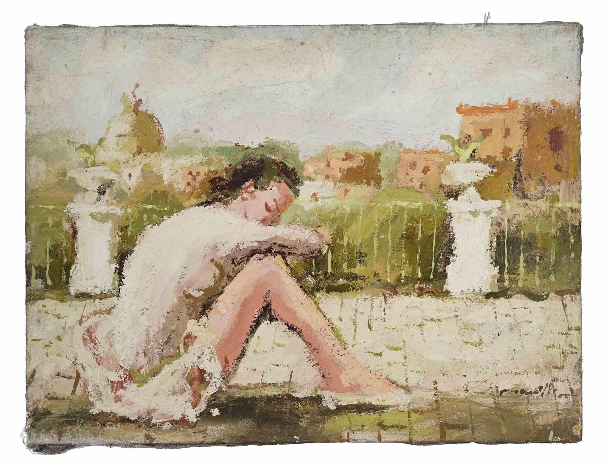 Bailarina en la terraza - Pintura al óleo de Franco Marzilli - Años 70 en venta 1