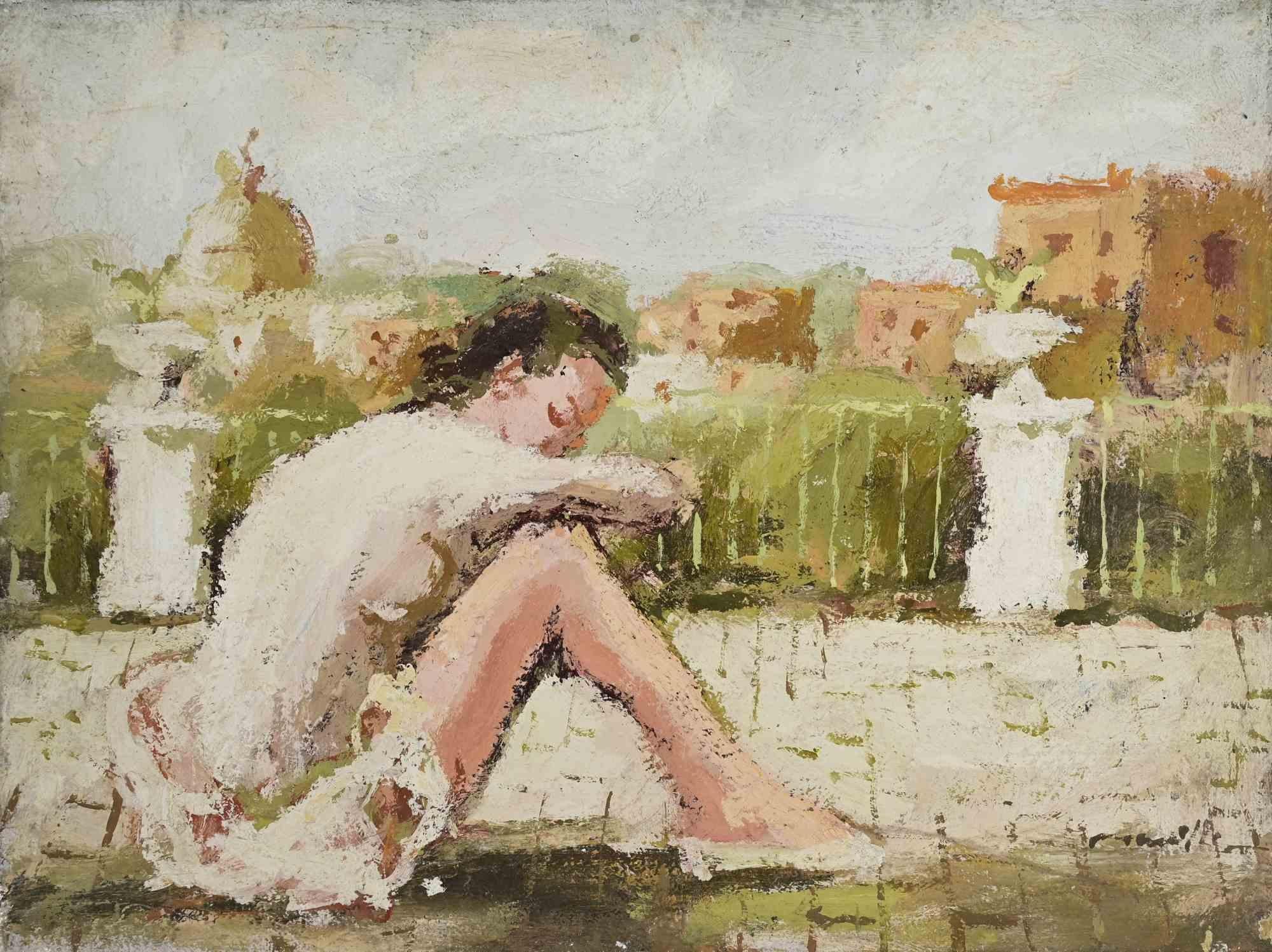 Bailarina en la terraza - Pintura al óleo de Franco Marzilli - Años 70