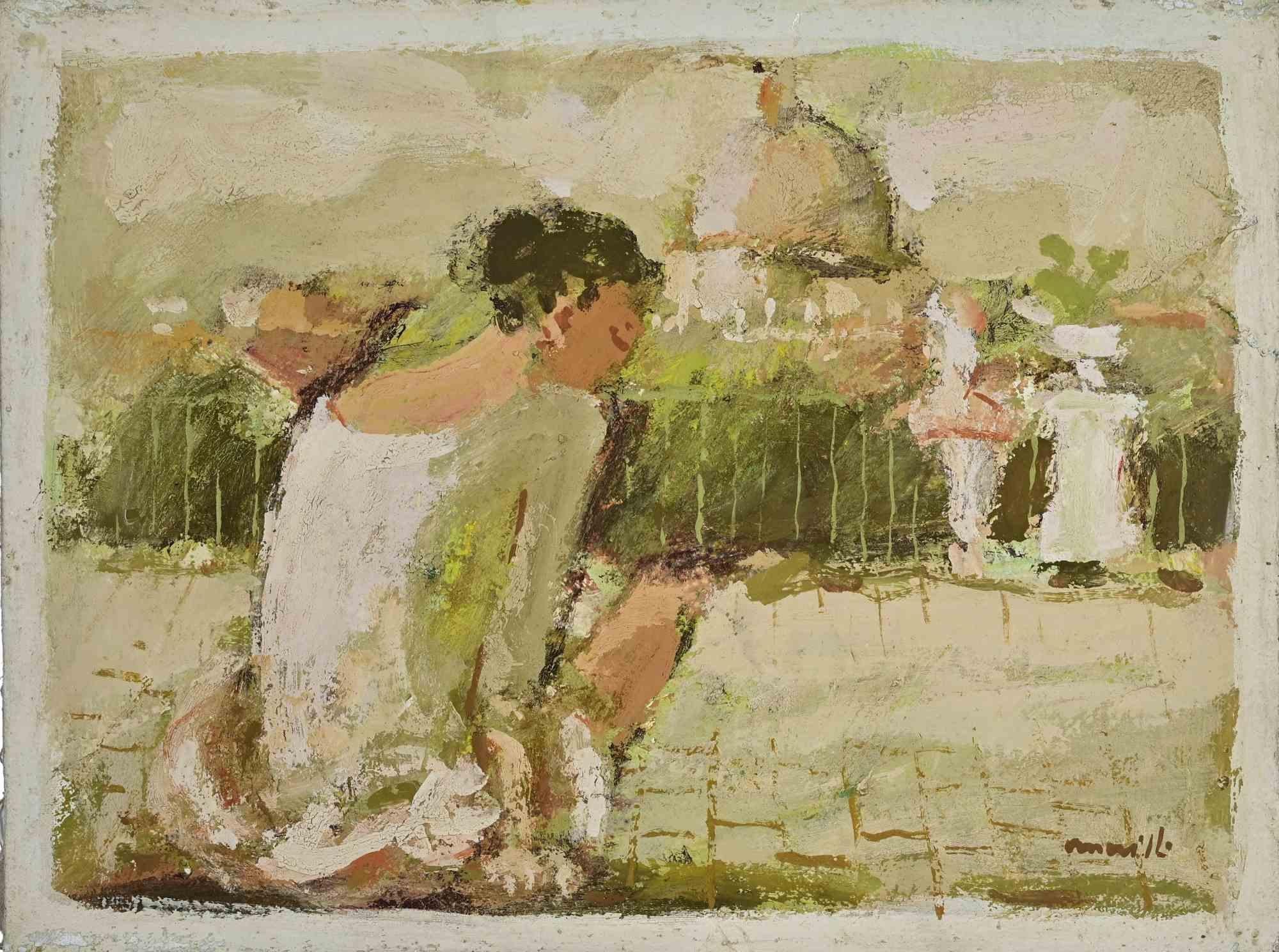 Ballerine avec vue sur Rome  - Peinture à l'huile de Franco Marzilli - années 1970 en vente 1