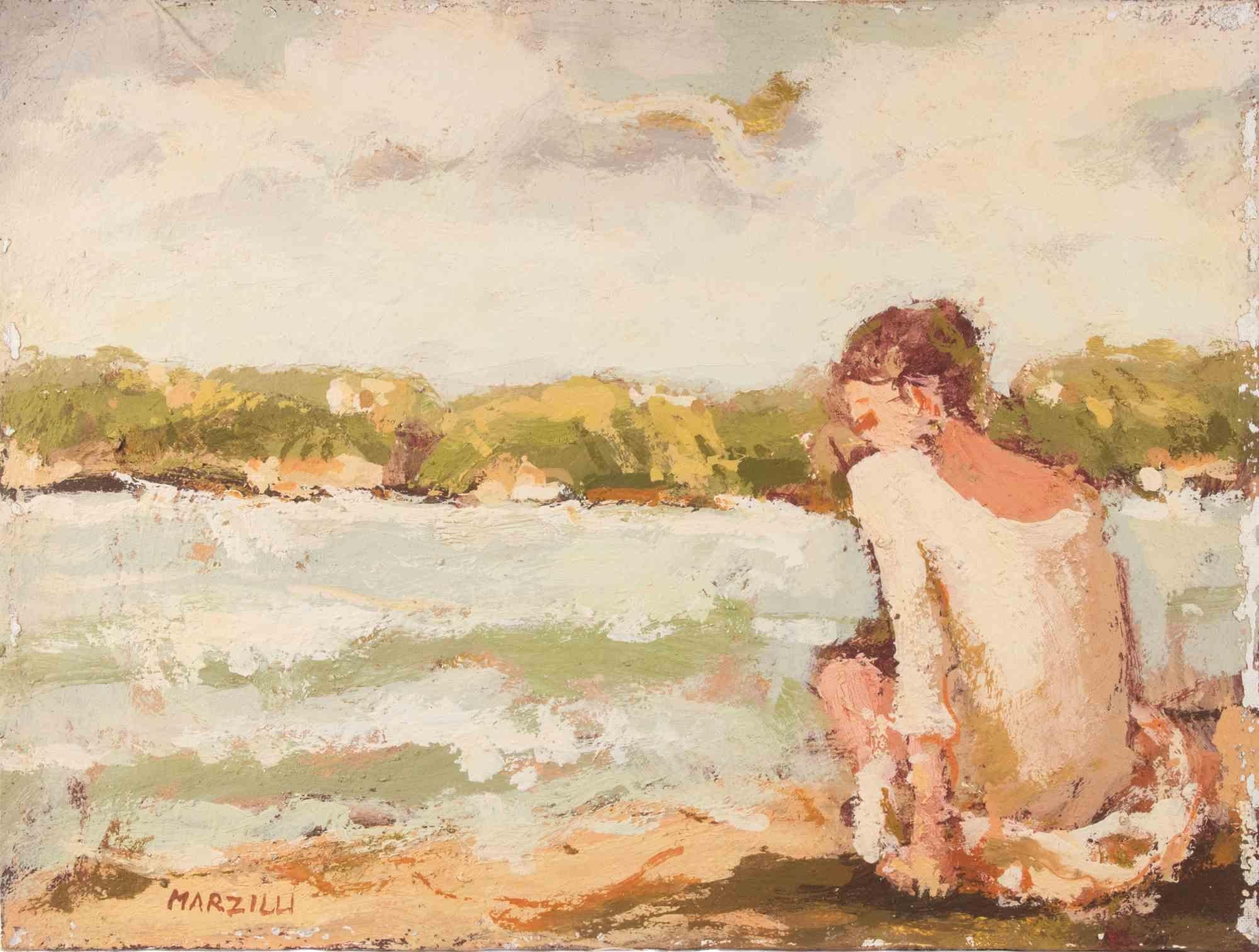 Bailarina con vista de Roma - Pintura al óleo de Franco Marzilli - Años 70 en venta 1
