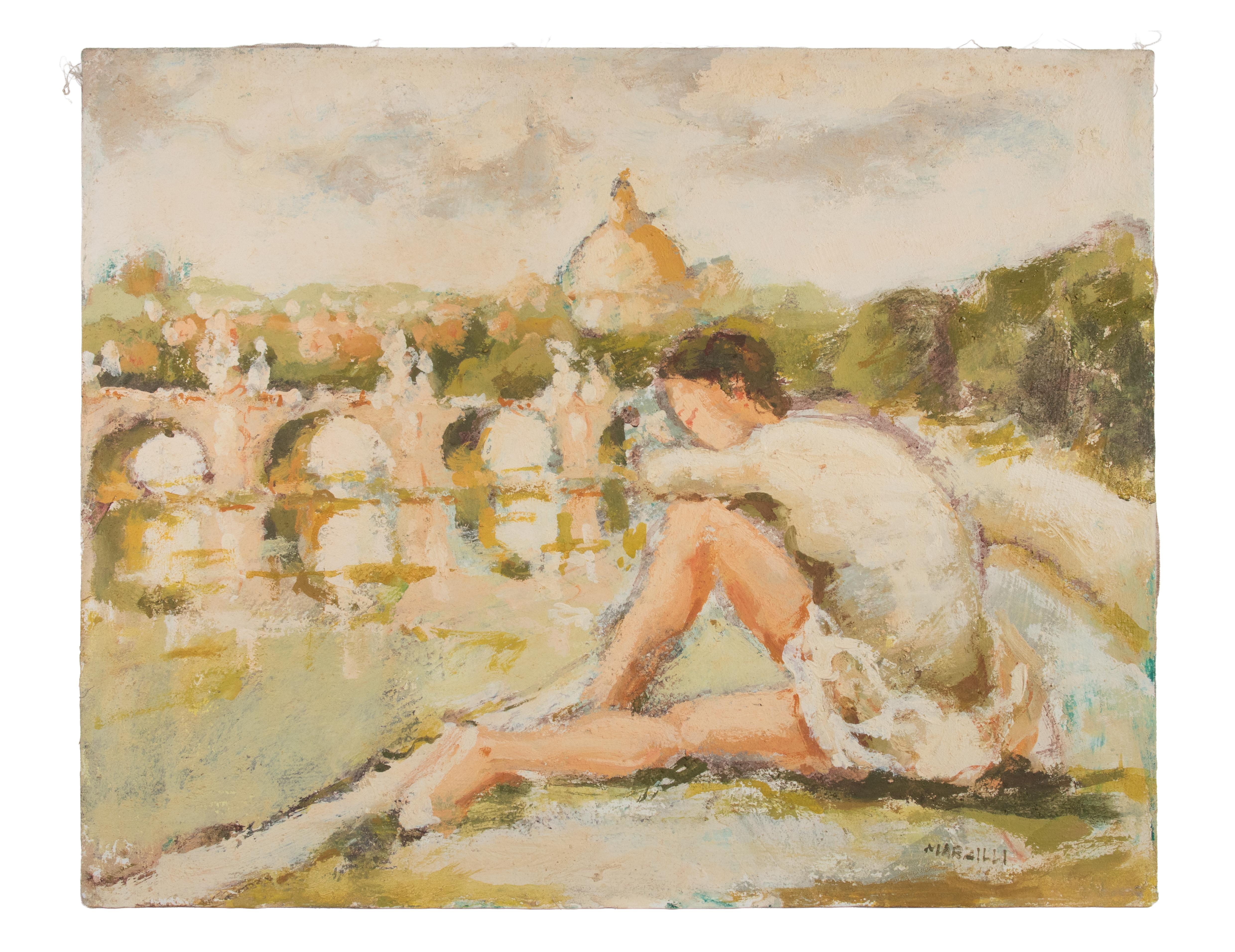 Ballerine  avec vue sur Rome - Peinture à l'huile de Franco Marzilli - années 1970 en vente 4