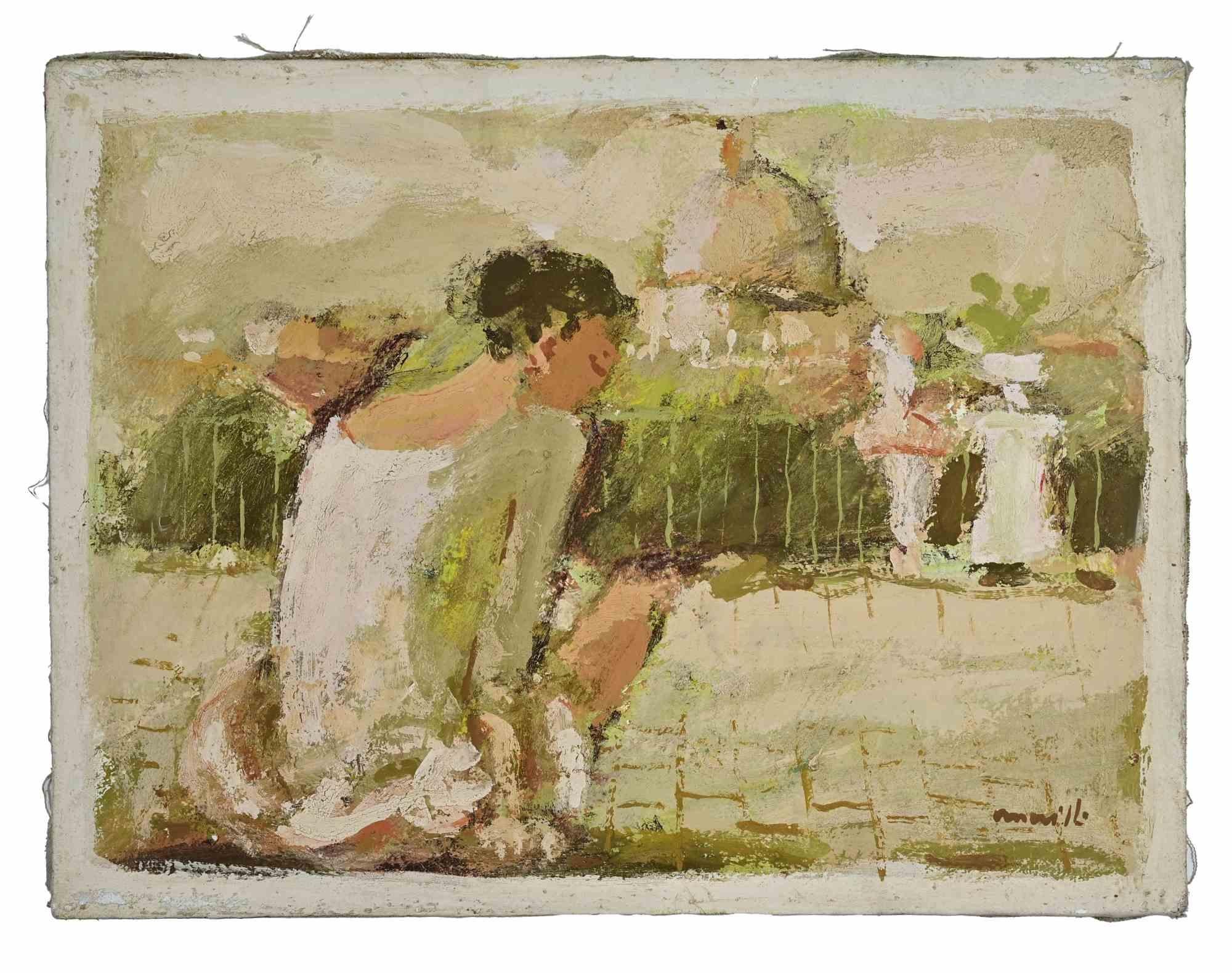 Bailarina con vistas a Roma  - Pintura al óleo de Franco Marzilli - Años 70