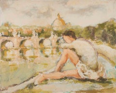Ballerina  con Veduta di Roma - Pittura ad olio di Franco Marzilli - Anni '70