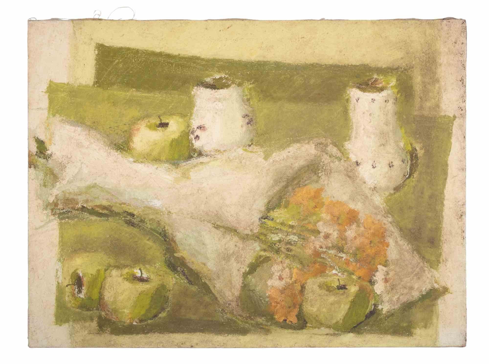 Ramo de flores con frutas y jarras - Pintura al óleo de Franco Marzilli - Años 70 en venta 1