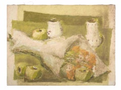 Ramo de flores con frutas y jarras - Pintura al óleo de Franco Marzilli - Años 70