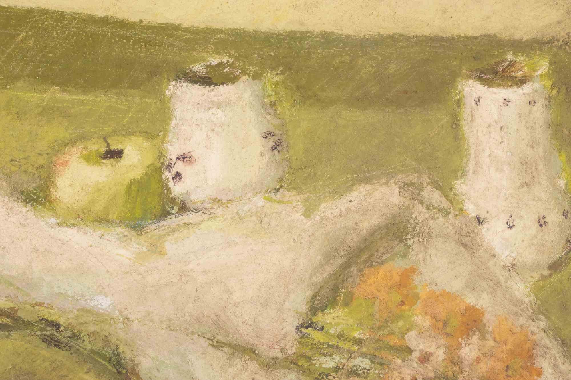 Ramo de flores con frutas y jarras - Pintura al óleo de Franco Marzilli - Años 70 en venta 2