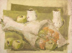 Ramo de flores con frutas y jarras - Pintura al óleo de Franco Marzilli - Años 70