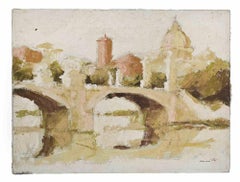 Brücke in Rom - Ölgemälde von Franco Marzilli - 1970er Jahre