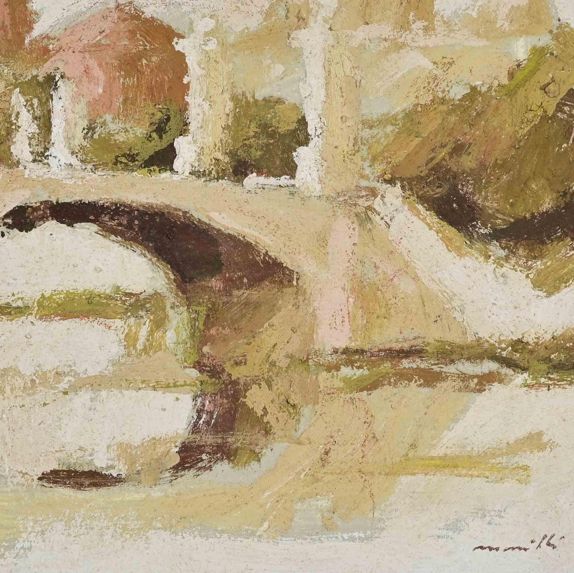 Puente en Roma - Pintura al óleo de Franco Marzilli - Años 70 en venta 2
