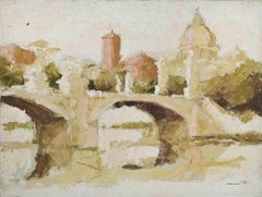 Bridge in Rome - Oil Painting by Franco Marzilli - 1970s