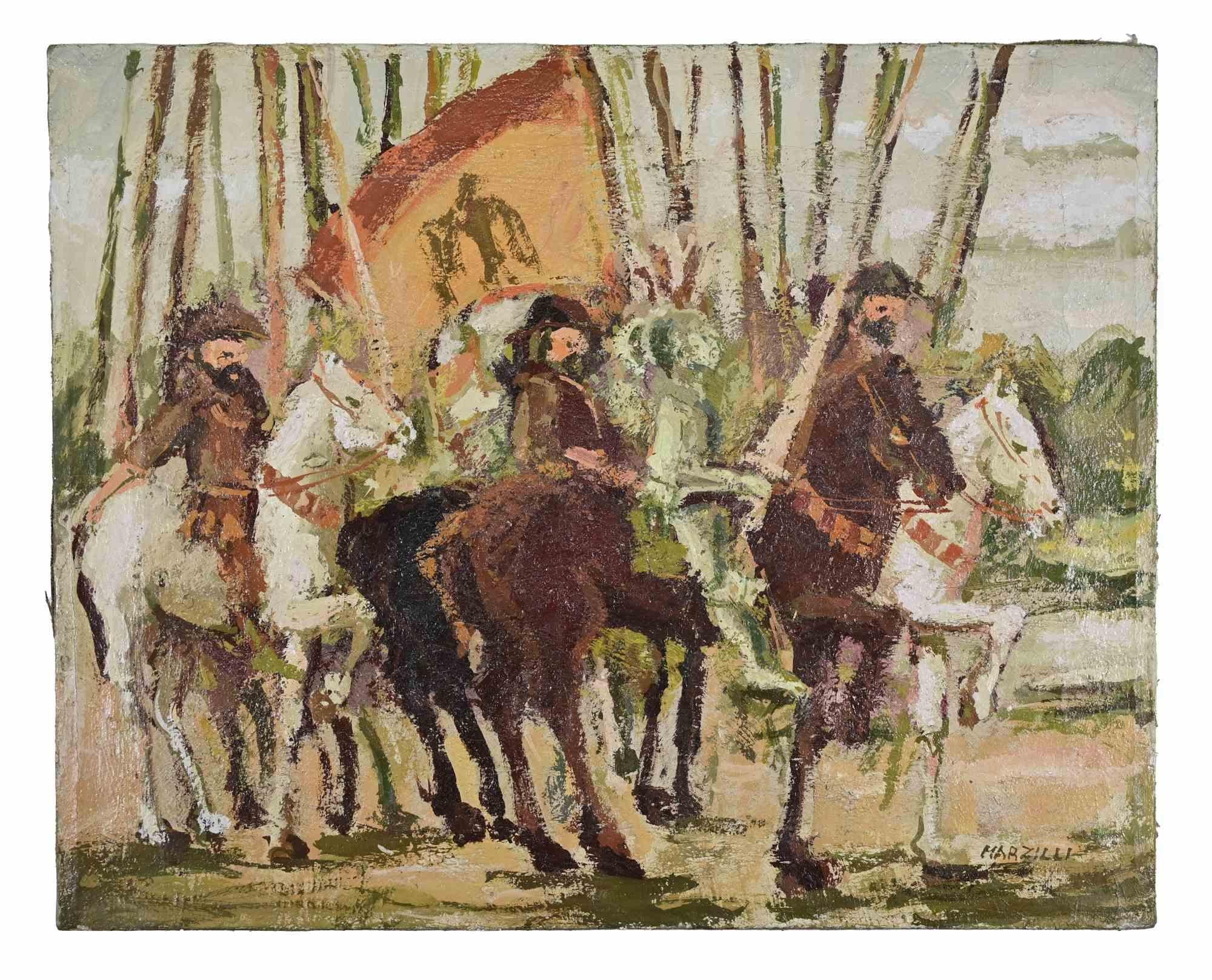 Caballos y caballeros con estandartes - Pintura al óleo de Franco Marzilli - Años 70 en venta 1