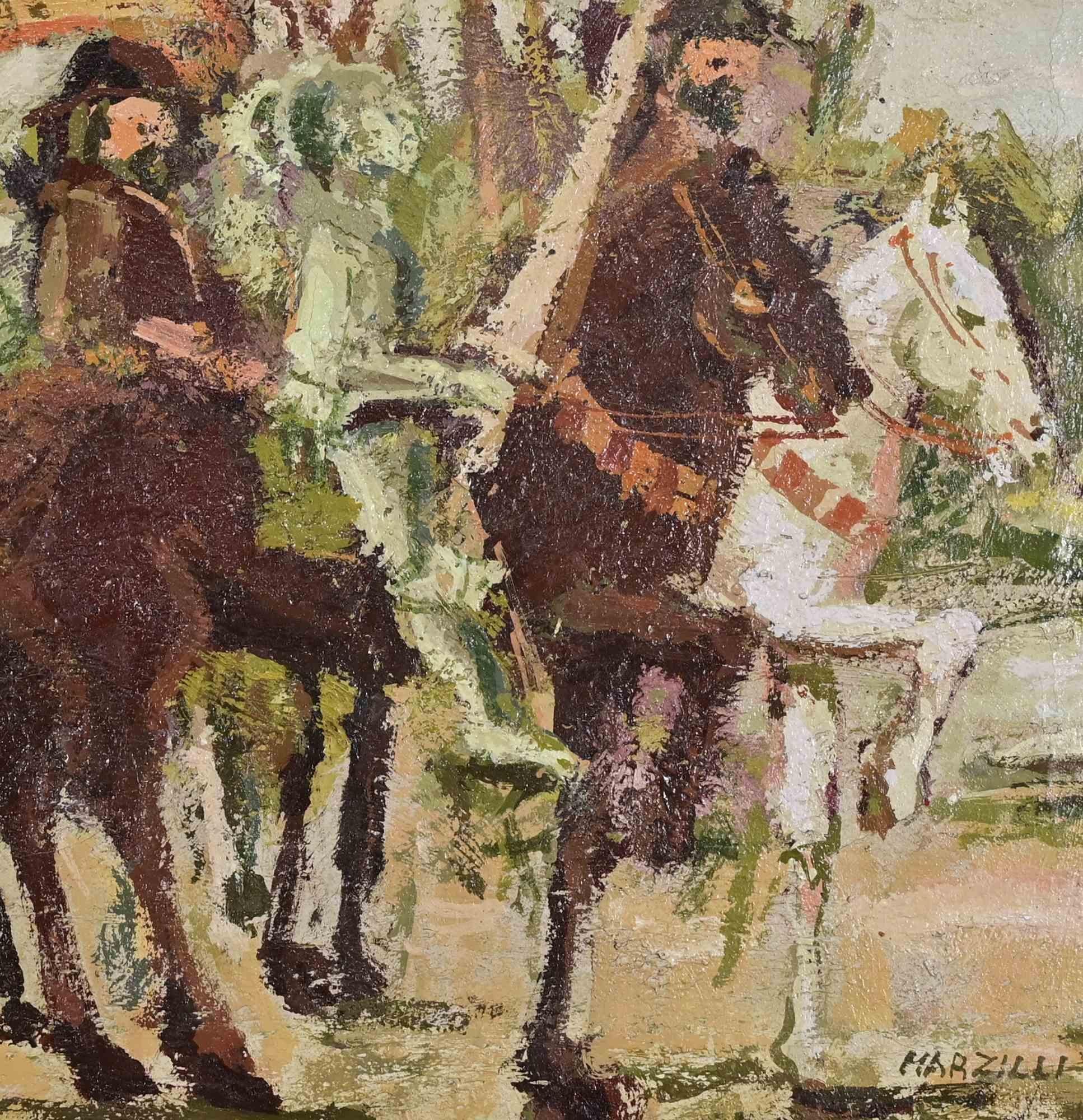 Caballos y caballeros con estandartes - Pintura al óleo de Franco Marzilli - Años 70 en venta 2