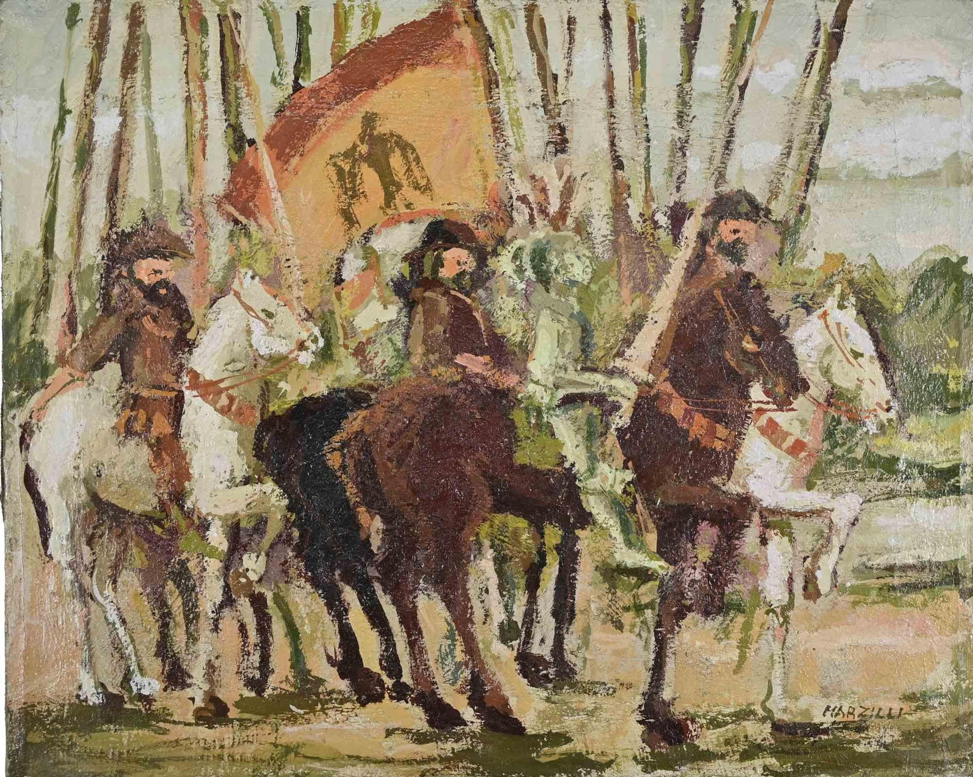 Óleo sobre lienzo realizado por Franco Marzilli (1934-2010) en la década de 1970.

Firmado a mano abajo a la derecha.

Muy buen estado.

Franco Marzilli nació en Roma en 1934. Recibió su primera formación artística asistiendo a la Escuela