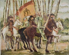 Caballos y caballeros con estandartes - Pintura al óleo de Franco Marzilli - Años 70