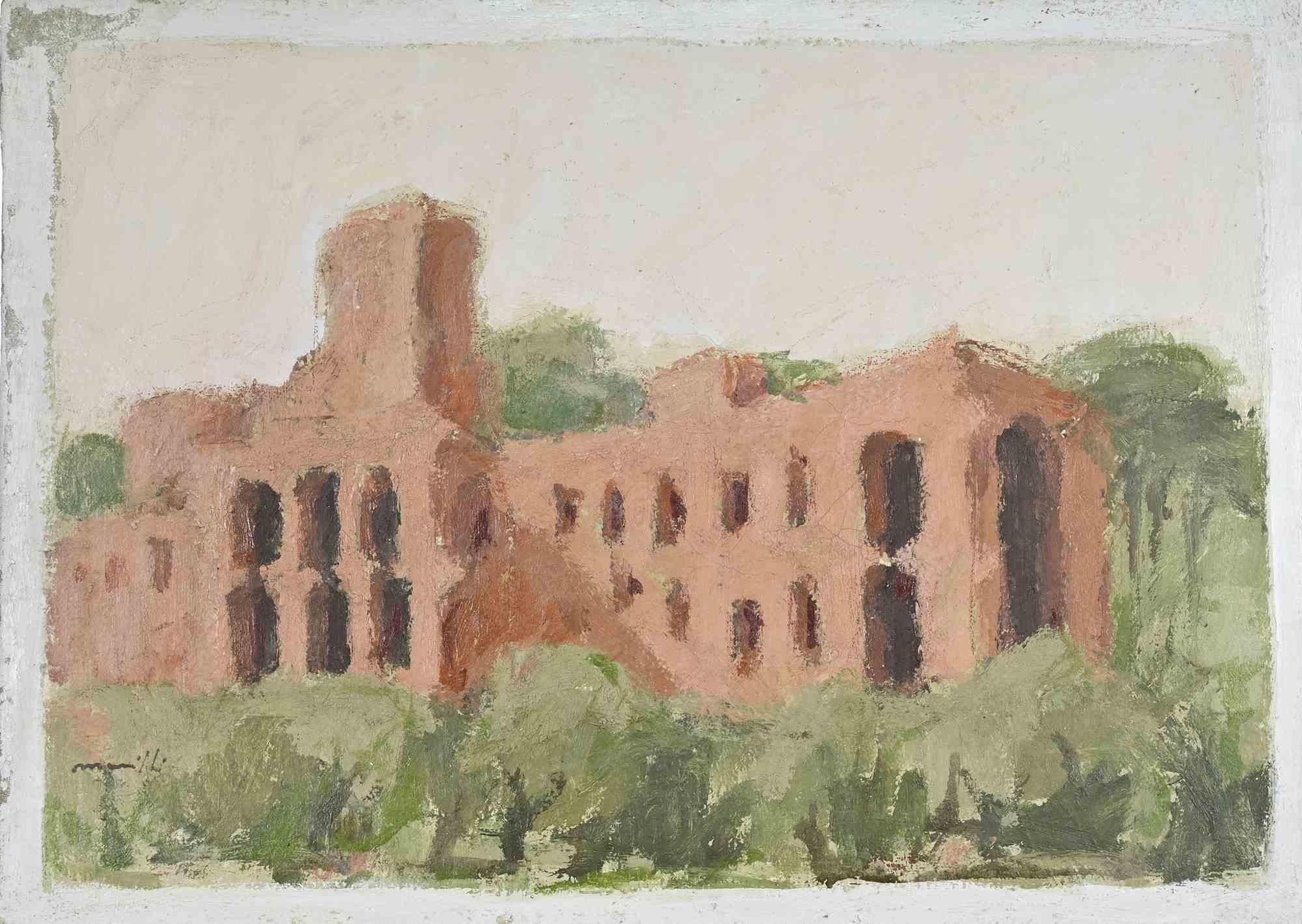 Ruinas romanas - Pintura al óleo de Franco Marzilli - Años 70 en venta 1