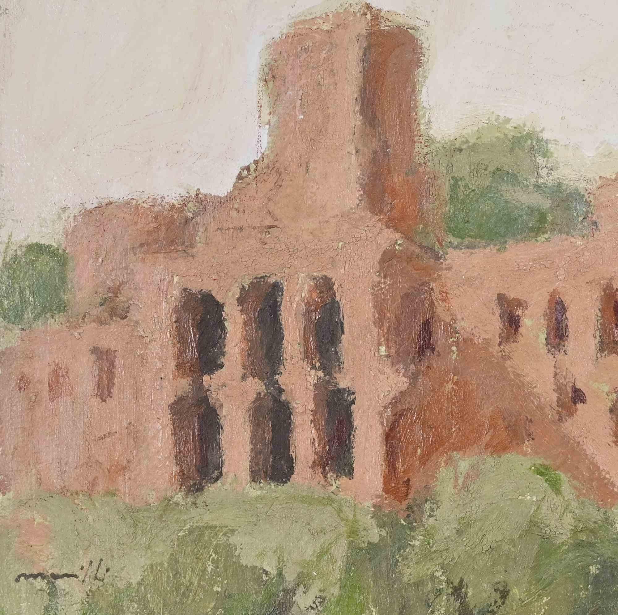 Ruinas romanas - Pintura al óleo de Franco Marzilli - Años 70 en venta 2