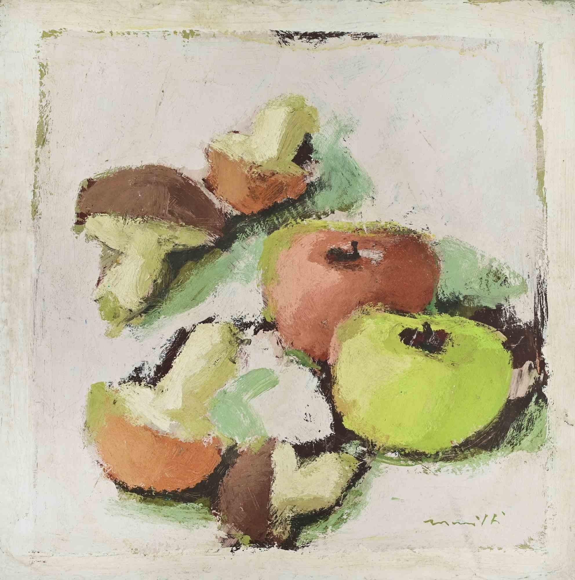 Natura morta con mele e funghi - Pittura a olio di Franco Marzilli - Anni '70 in vendita 1