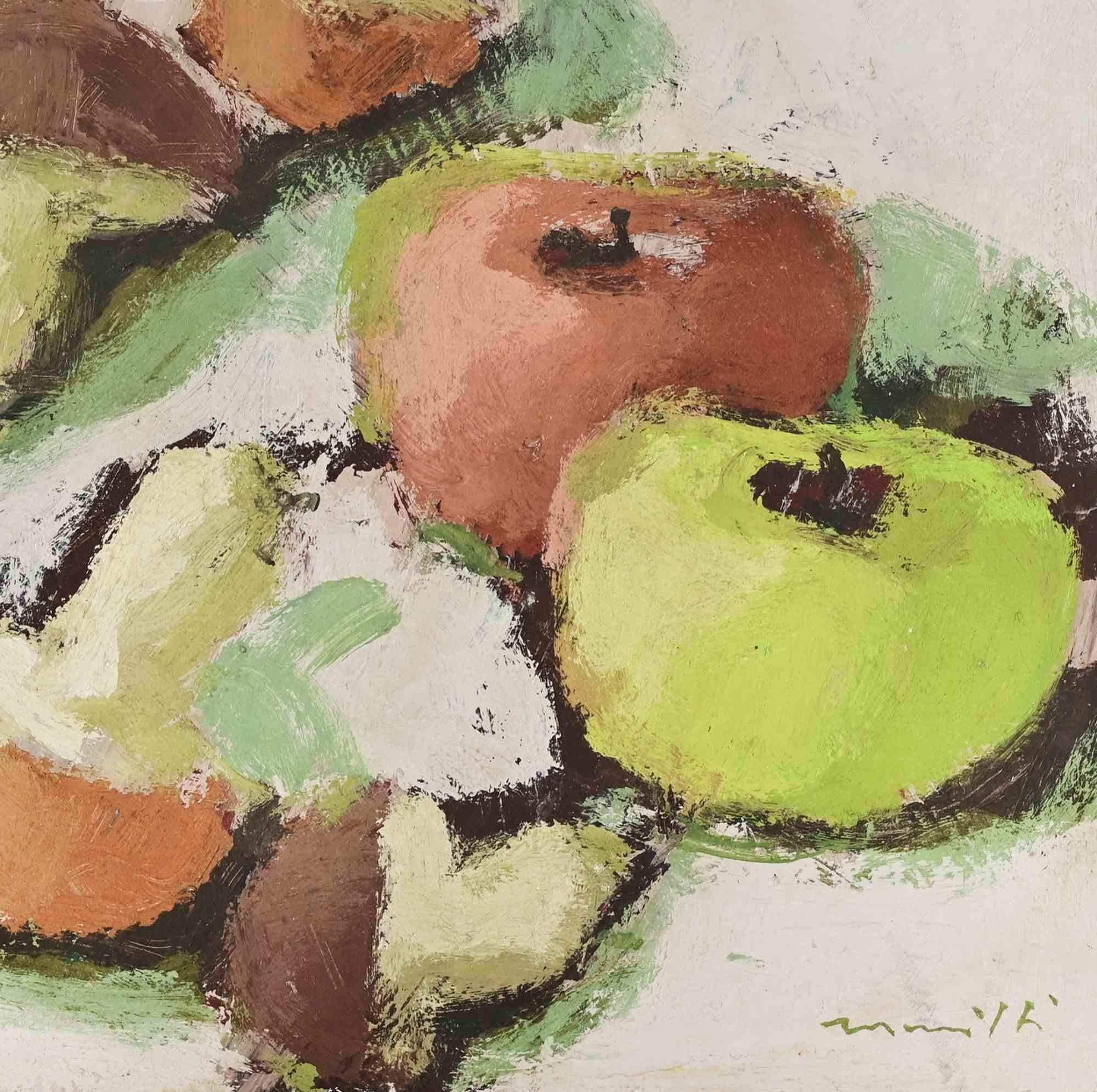 Natura morta con mele e funghi - Pittura a olio di Franco Marzilli - Anni '70 in vendita 2