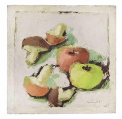 Natura morta con mele e funghi - Pittura a olio di Franco Marzilli - Anni '70