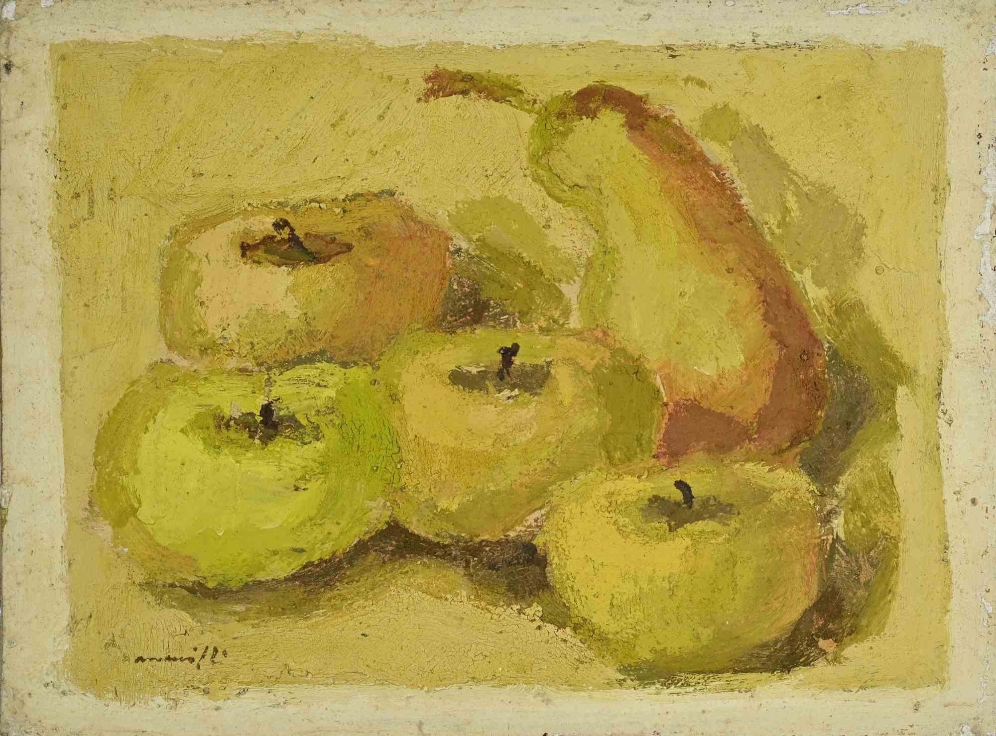 Stilleben mit Äpfeln und Birnen - Ölgemälde von Franco Marzilli - 1970s im Angebot 1