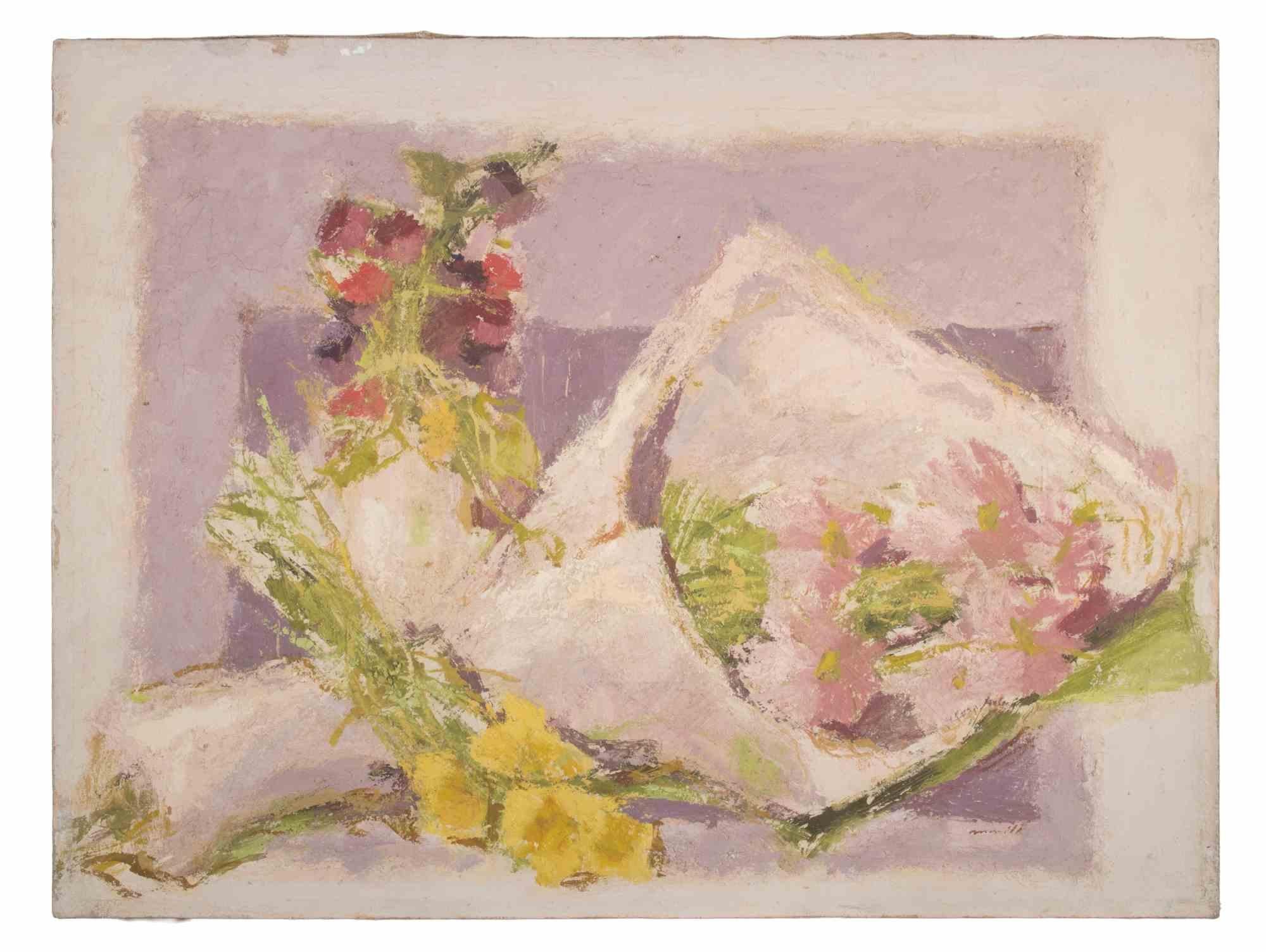 Naturaleza muerta con ramos de flores - Pintura al óleo de Franco Marzilli - Años 70 en venta 1
