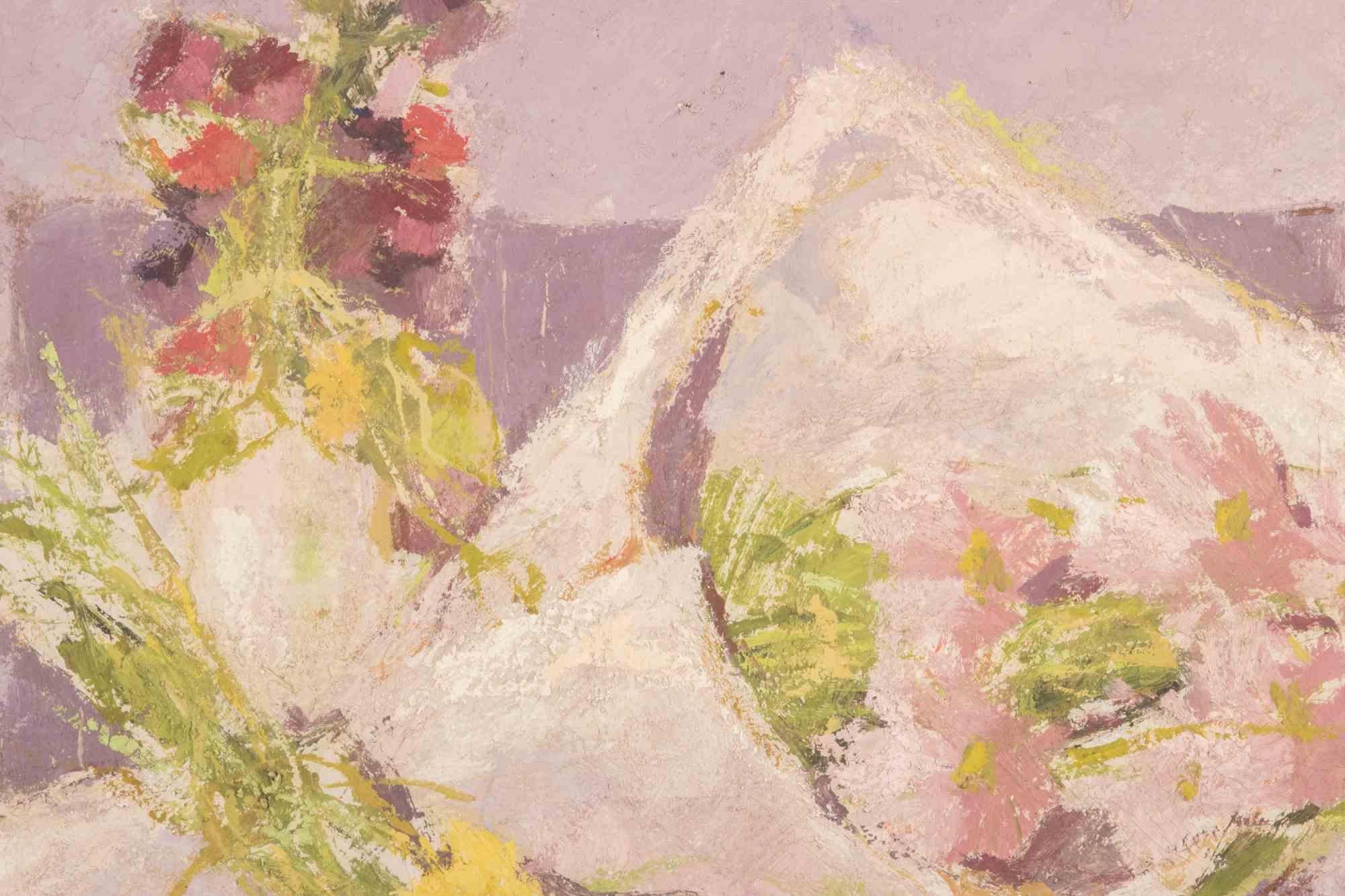 Naturaleza muerta con ramos de flores - Pintura al óleo de Franco Marzilli - Años 70 en venta 2