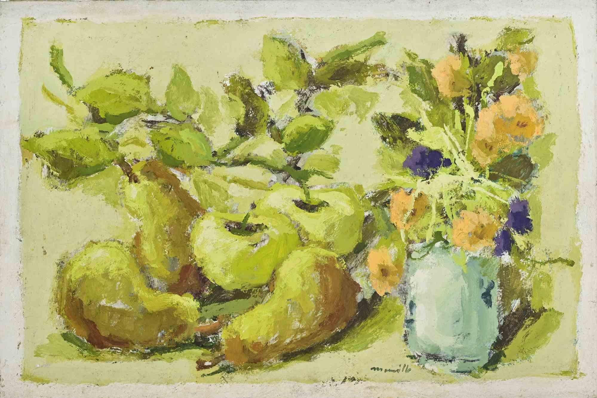 Naturaleza muerta con flores - Pintura al óleo de Franco Marzilli - Años 70
